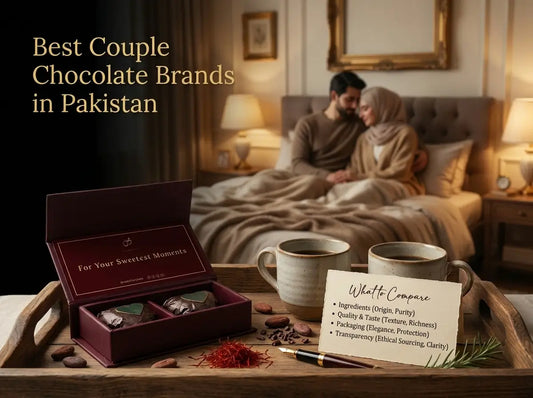 Premium couple chocolate comparison setup with VASL box, dark chocolate pieces, two cups, checklist card, and warm evening light in Pakistan