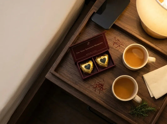 Premium VASL couple chocolate box on a warm evening tray with two cups, soft lamp light, and dark chocolate pieces for married couples in Pakistan