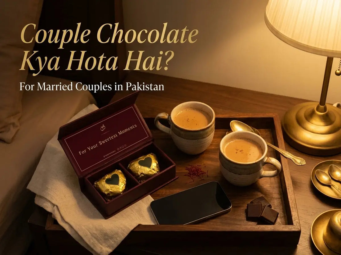VASL couple chocolate box on a warm tray with two cups and soft lamp light for Pakistani married couples