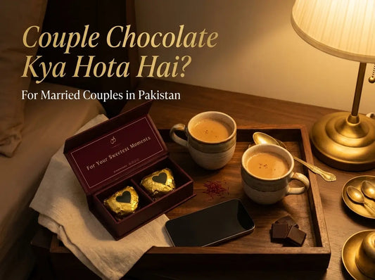 VASL couple chocolate box on a warm tray with two cups and soft lamp light for Pakistani married couples