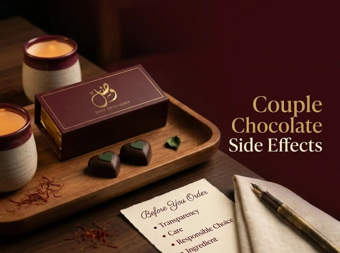 VASL couple chocolate box beside an ingredient checklist, two cups, and soft evening light for Pakistani buyers checking safety