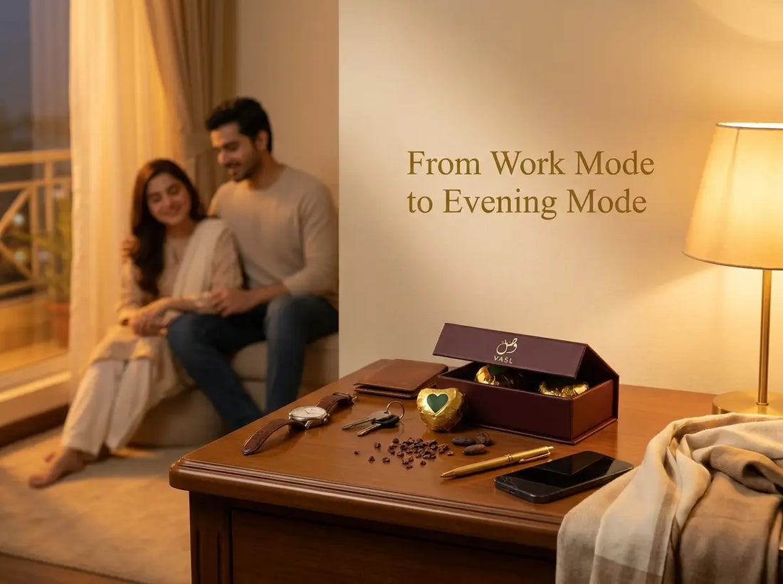 Premium dark chocolate beside a watch, keys, and face-down phone on a warm Pakistani side table with a blurred couple in the background