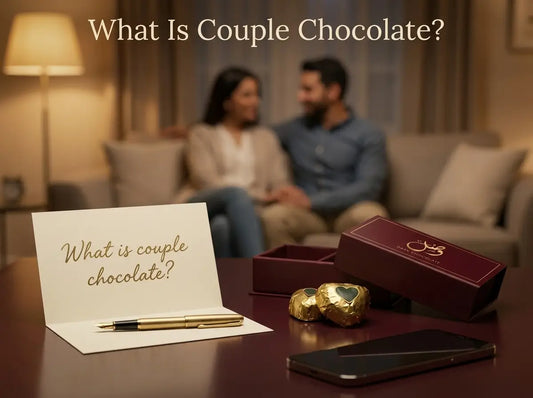 VASL couple chocolate box with a question card in the foreground and a softly blurred married couple in the background in a warm Pakistani home setting