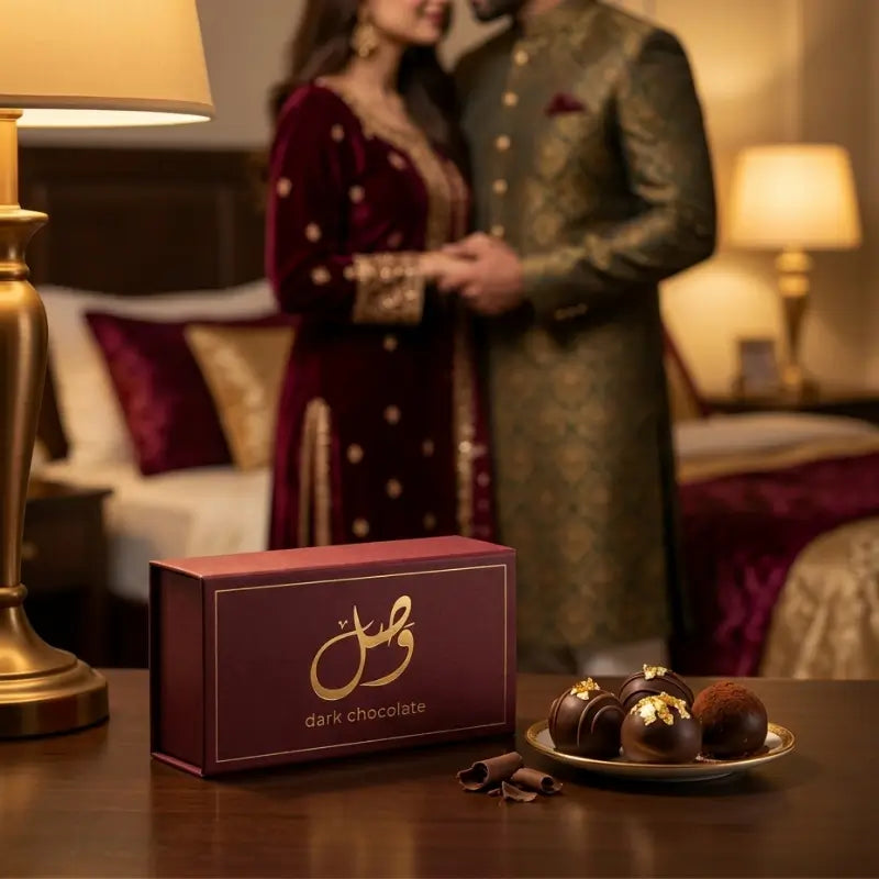 Vasl dark chocolate box with gold-leaf truffles - couple in traditional wedding attire - premium wedding gift - Vasl by Healy Herbs, Pakistan.