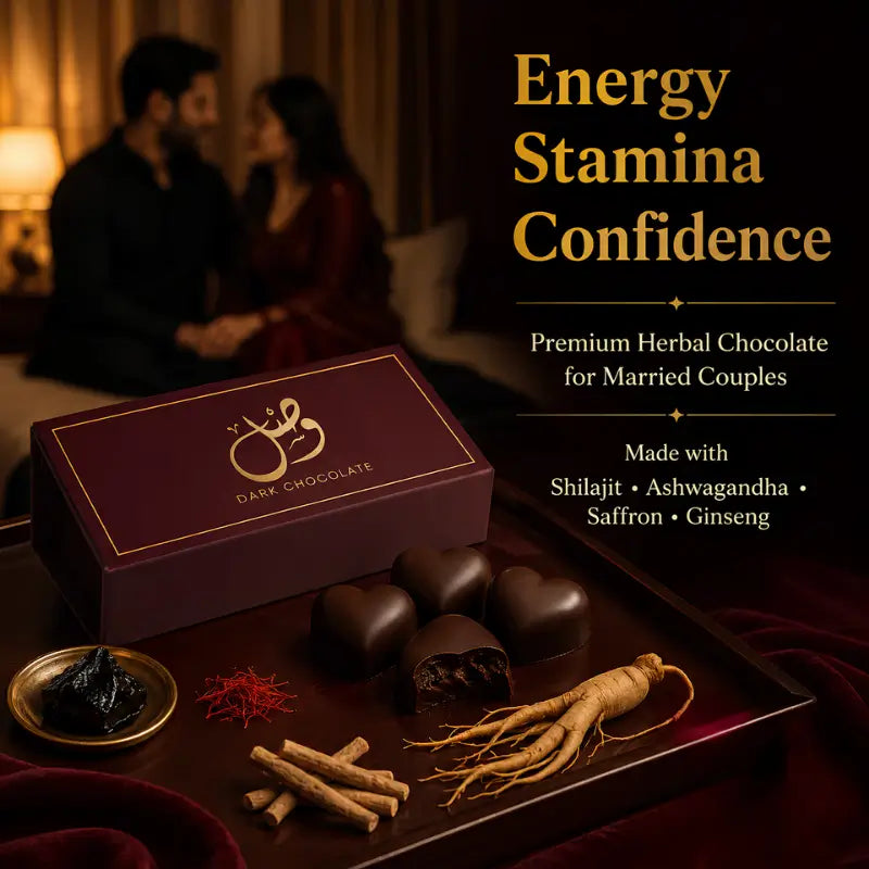 A premium boxed chocolate gift set displayed on a dark tray with several dark chocolate pieces, ginseng root, and small spice accents. The box is deep burgundy with gold lettering reading 'Dark Chocolate' and a stylized monogram logo.