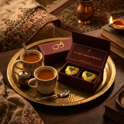 Vasl heart-shaped dark chocolate open box on brass tray with chai cups - For Your Sweetest Moments - evening ritual - Vasl by Healy Herbs, Pakistan.