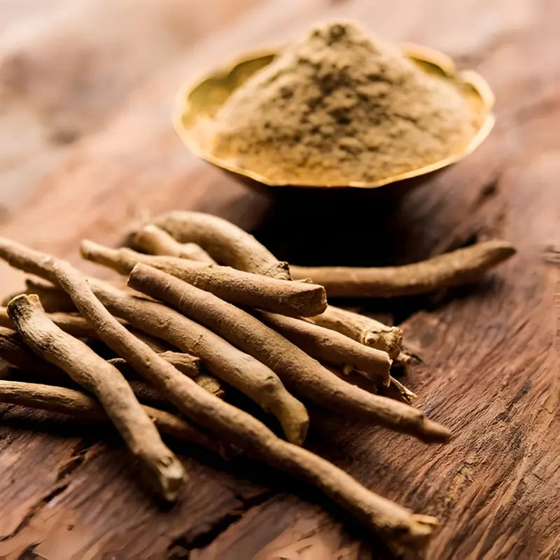 Ashwagandha roots and powder in brass bowl - key adaptogen ingredient in Vasl herbal dark chocolate - Vasl by Healy Herbs, Pakistan.