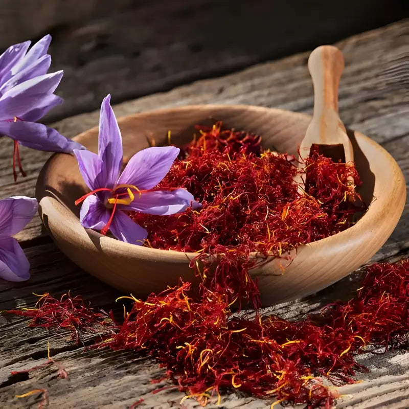 remium saffron threads with crocus flowers in wooden bowl - key ingredient in Vasl herbal dark chocolate - Vasl by Healy Herbs, Pakistan.