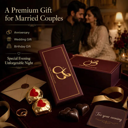 A premium chocolate gift set for married couples, featuring dark chocolate boxes with gold foil lettering, wrapped chocolates with red hearts, gold rings, and a card, set against a romantic dinner scene with a couple in the background.