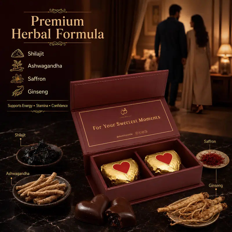 An open dark red gift box containing two gold-wrapped heart-shaped items with red hearts, displayed on a black marble surface with labeled ingredients around it. Text on the left reads 'Premium Herbal Formula' and lists Shilajit, Ashwagandha, Saffron, and Ginseng.
